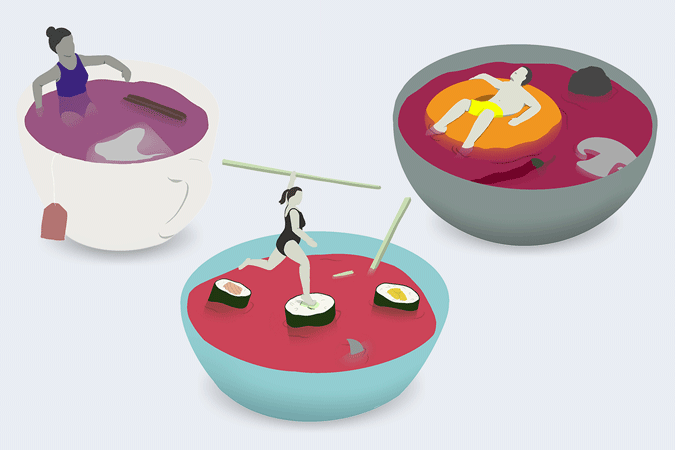 illustrations of people sitting in Soupbowls and teamugs