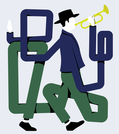 abstract illustration of a trumpet-player with long limbs