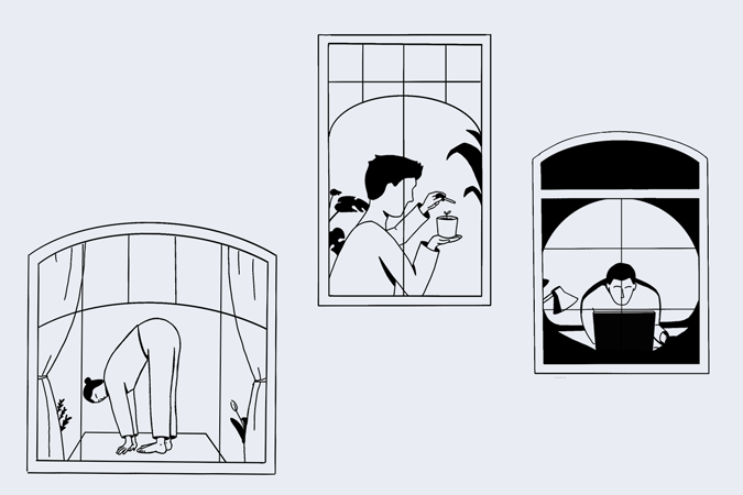 illustrations of a view on different windows with people dowing everyday stuff